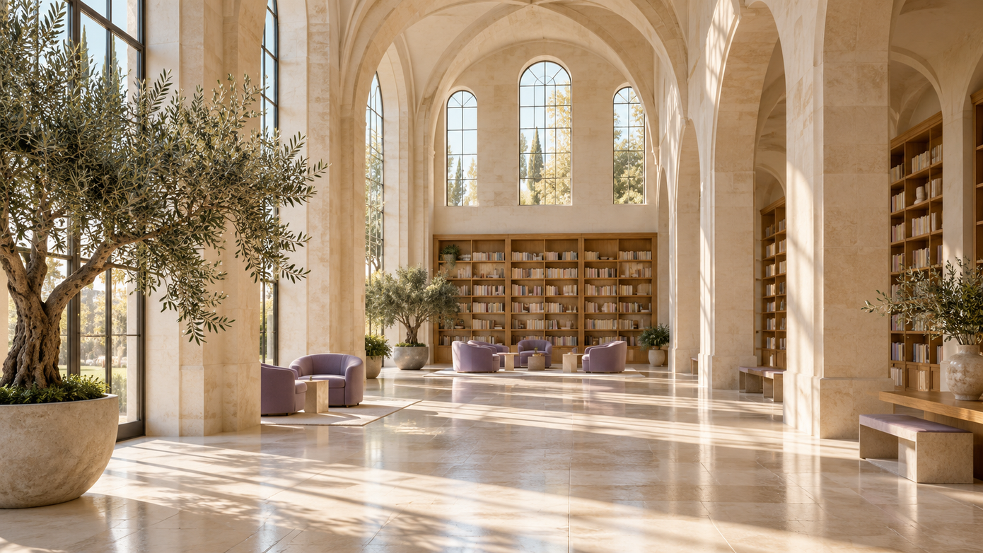 Sunlit library with tall stone arches, oak bookshelves, and lavender reading chairs.